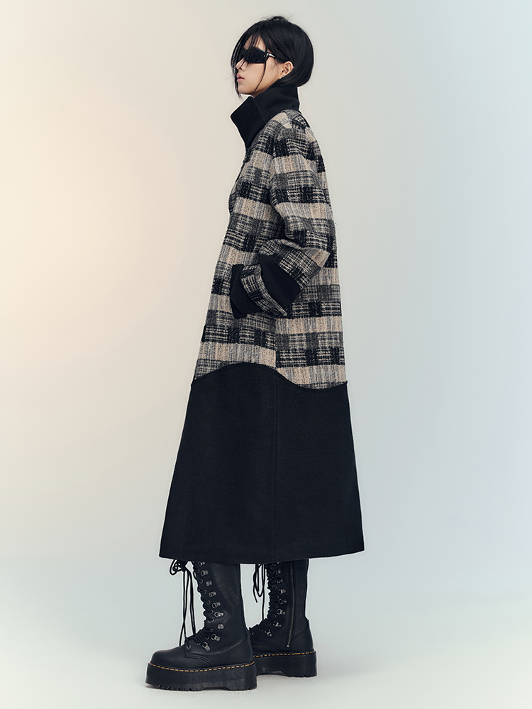 Patchwork Retro Stand-Collar Coat Long-Jacket