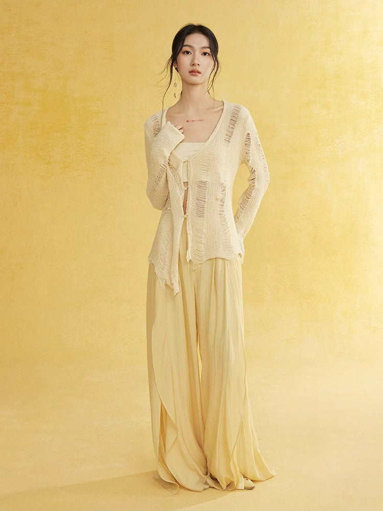 Natural Slit Wide-Leg Wrinkled Plain Flare-Pants