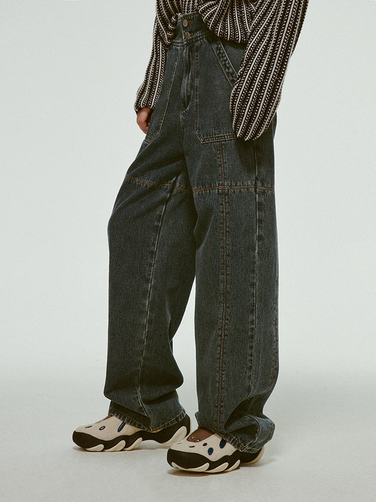 Stitch High-Waist Denim Straight Casual Loose Pants