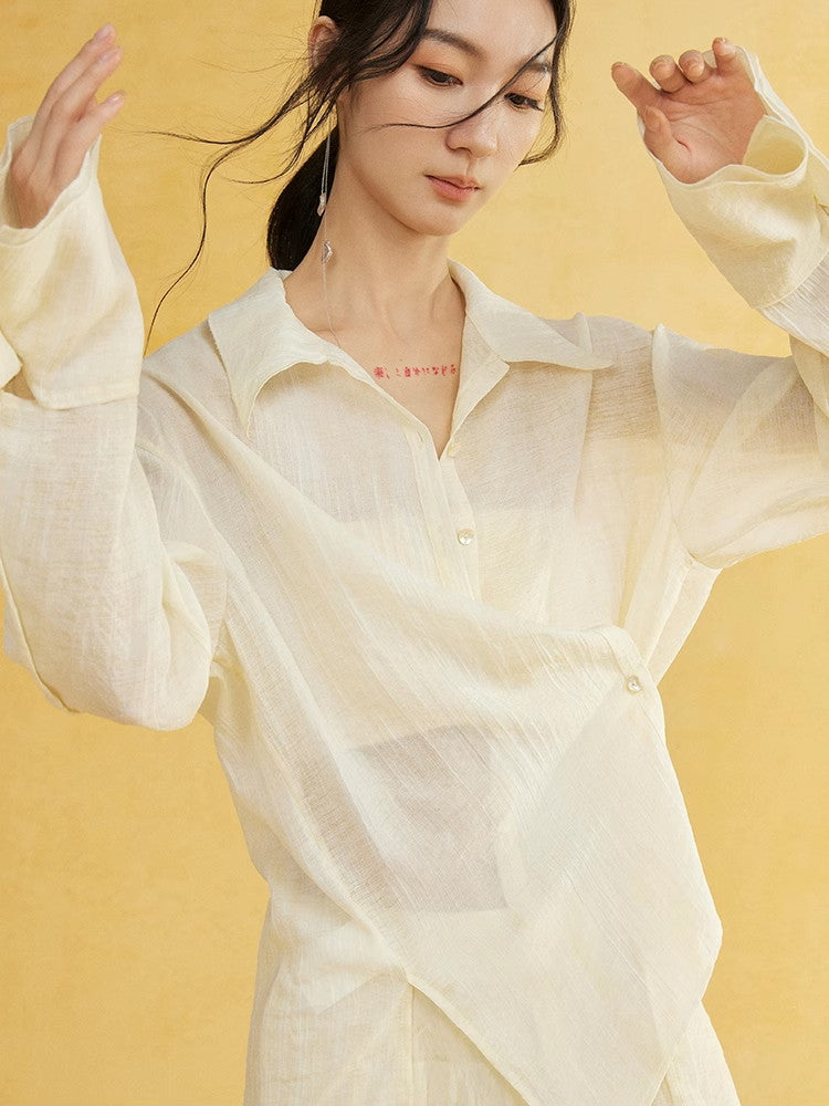 Side-Button Natural Sheer Oversuze Shirt