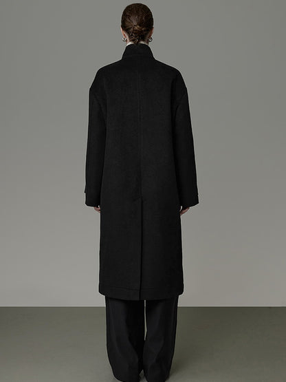 Wool Long Simple Stand-Collar Duffel-Coat