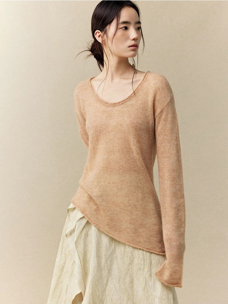 Asymmetry U-Neck Slim Simple Thin Classy Knit