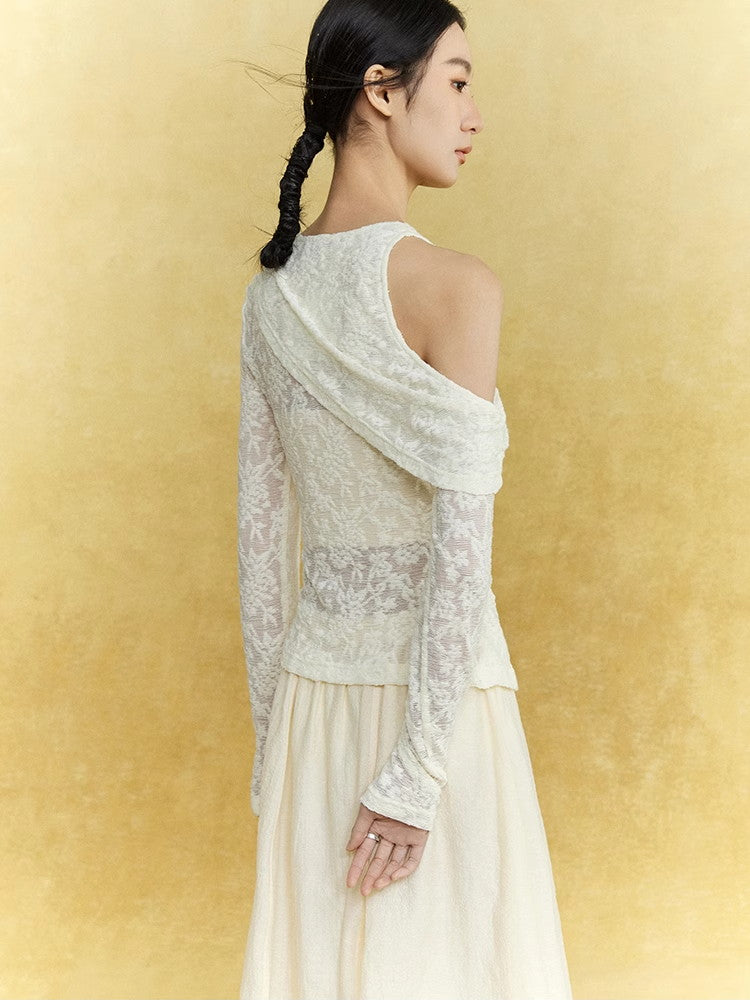 Open-Shoulder Flower Mesh Sheer Asymmetry Knit