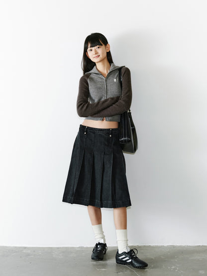 High-Neck Double-Zip Casual Bi-Color Retro Rib-Knit