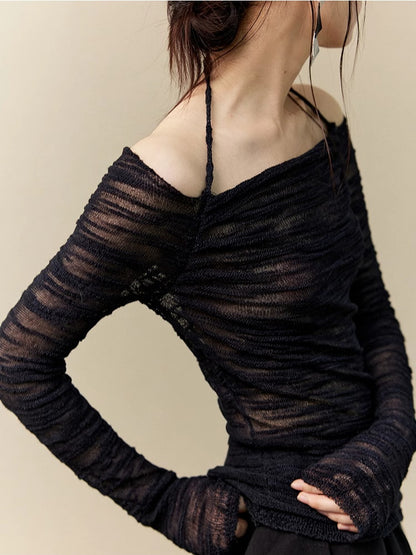 Wrinkled Sheer Gather Nichi Tight Halter-Neck Off-Shoulder Classy Knit