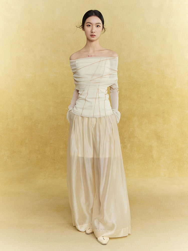 Wide-Leg Handsome Plain Straight Satin Sheer Elegant Pants