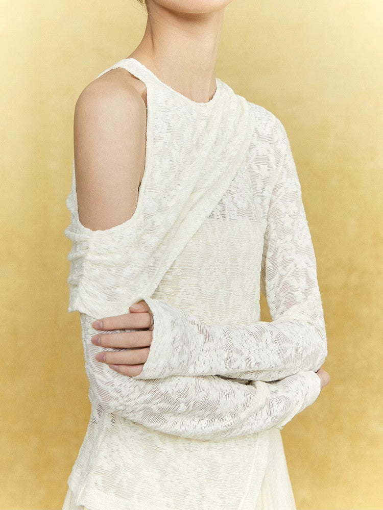 Open-Shoulder Flower Mesh Sheer Asymmetry Knit