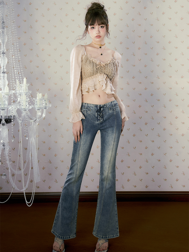 Sheer Cropped Frill Lace Blouse