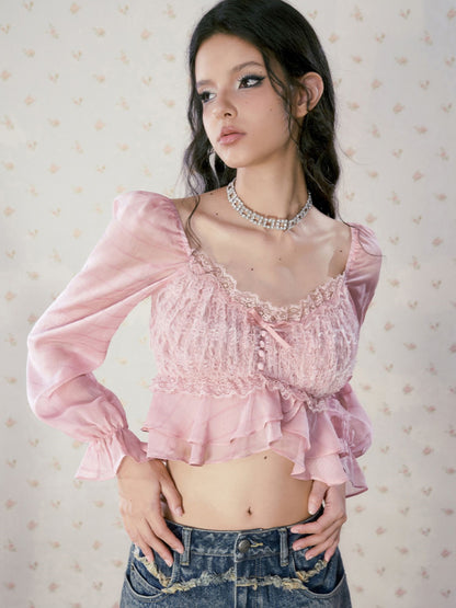 Sheer Cropped Frill Lace Blouse