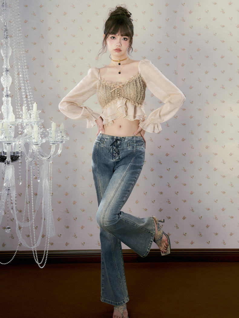 Sheer Cropped Frill Lace Blouse