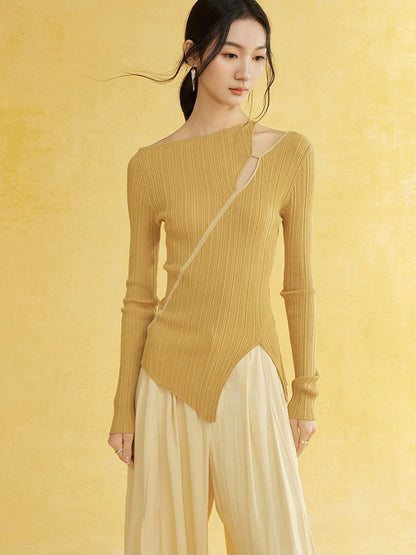 Asymmetry Nichi Slim Slit Casual Unique Rib-Knit