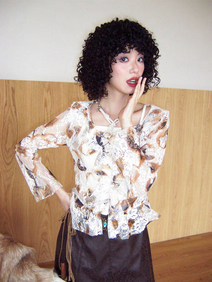 Set-Up Lace See-Through Retro Flower Frill Blouse