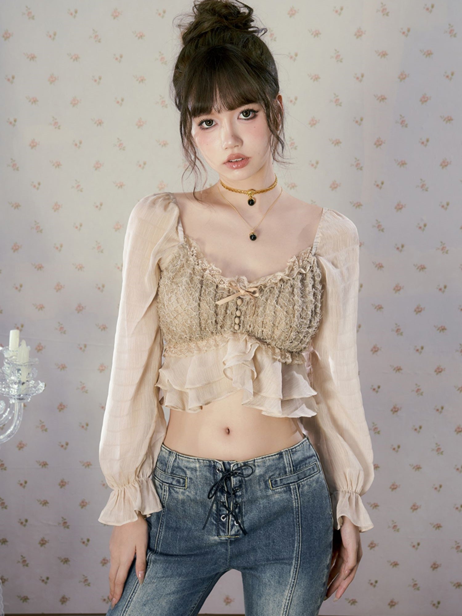 Sheer Cropped Frill Lace Blouse