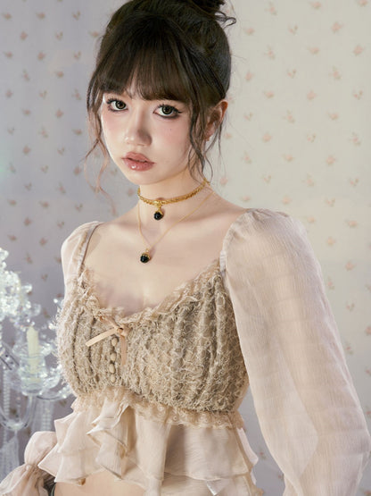 Sheer Cropped Frill Lace Blouse