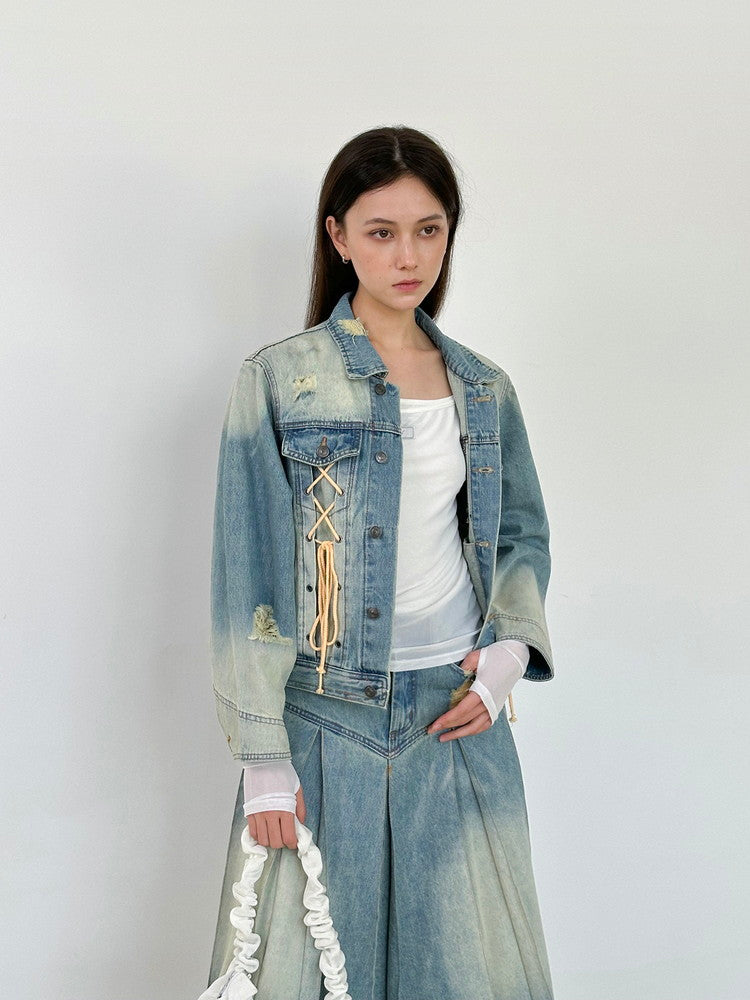 Set-Up Denim Lace-Up Washed Casual Pleats Jacket＆Pants＆Long-Skirt