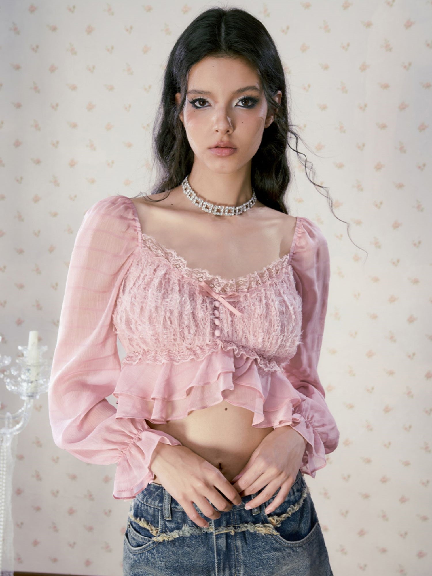 Sheer Cropped Frill Lace Blouse