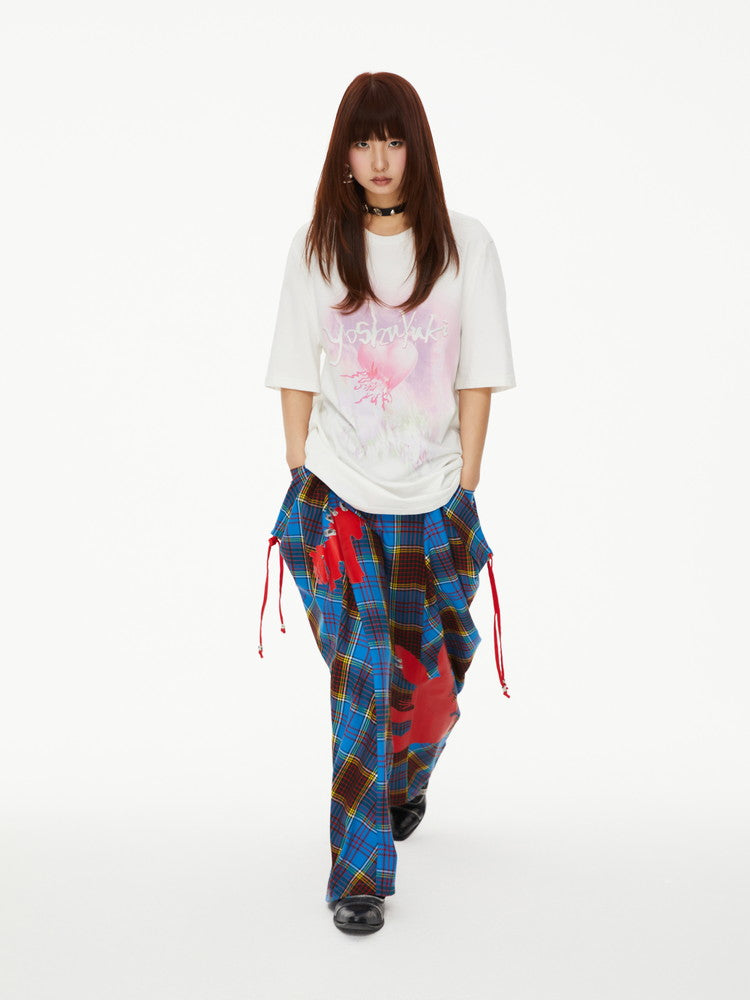 Checked Retro Girly Rabbit Silhouette Wide-Leg Nichi Casual Pants