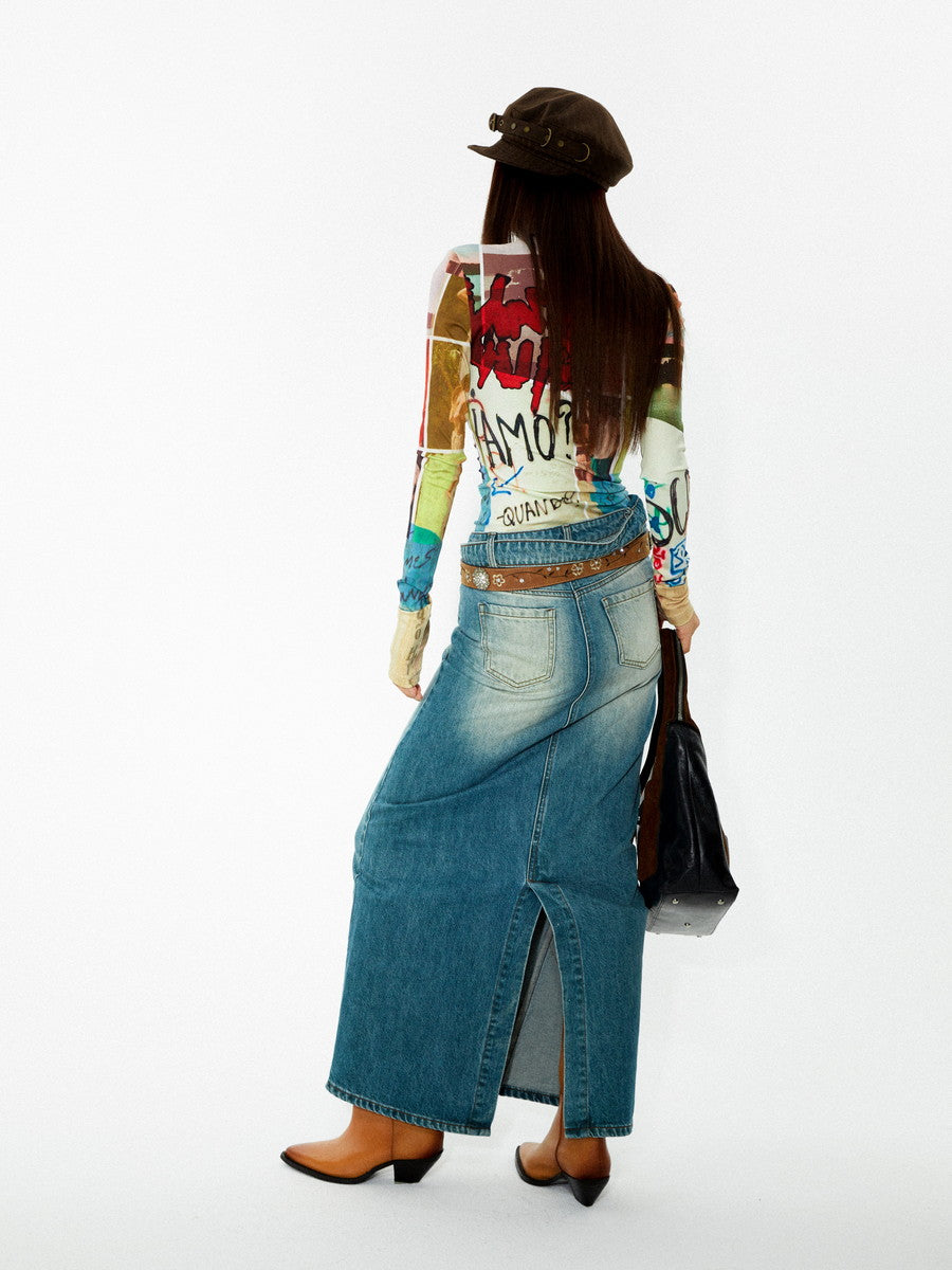 Faded-Denim Pencil-Skirt Casual Maxi Long-Skirt