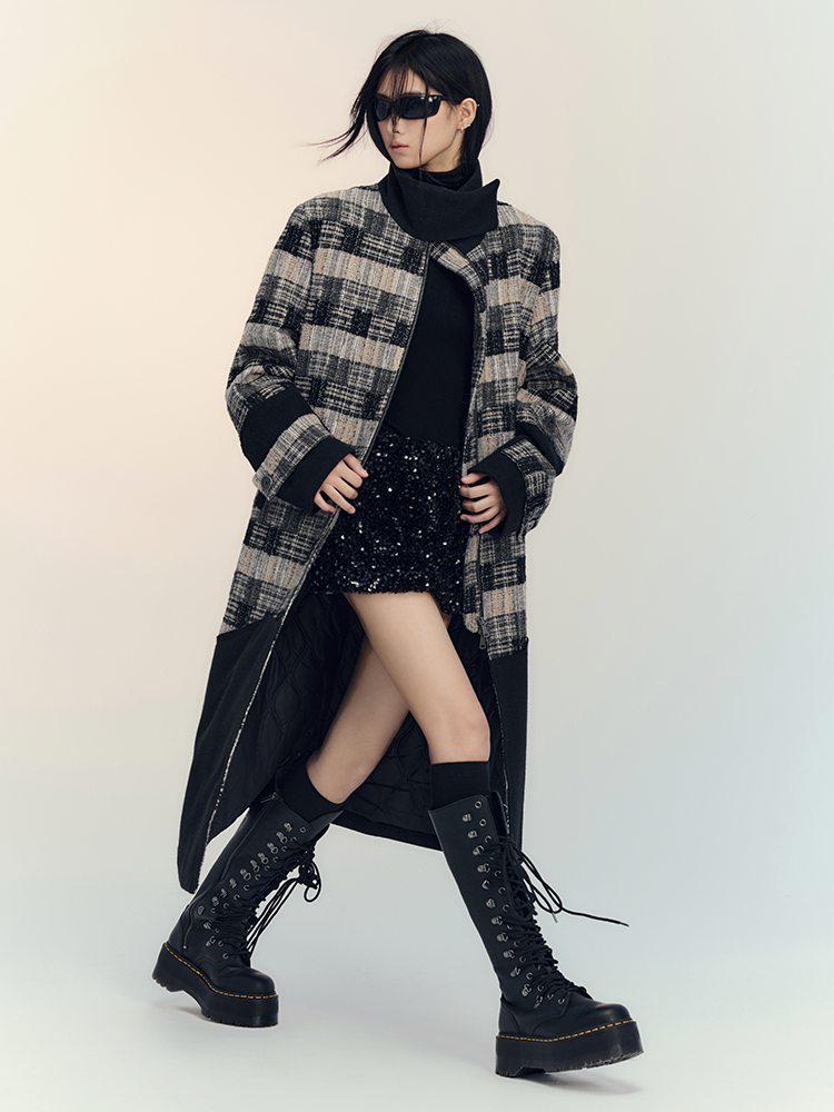 Patchwork Retro Stand-Collar Coat Long-Jacket