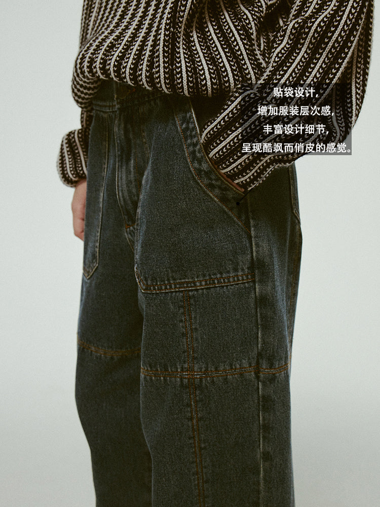 Stitch High-Waist Denim Straight Casual Loose Pants