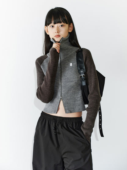 High-Neck Double-Zip Casual Bi-Color Retro Rib-Knit