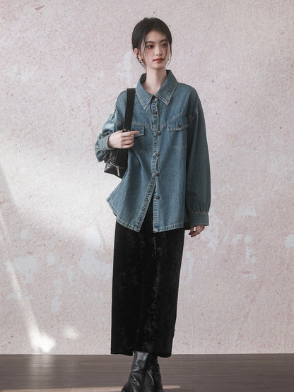 Casual Vintage Oversize Drop-Shoulder Denim-Jacket