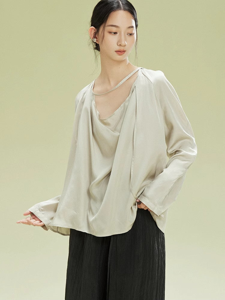 Drape Loose Long-Sleeve Natural Tops