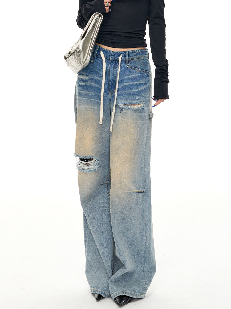 Damage Crush Straight Loose Wide Faded Denim-Pants