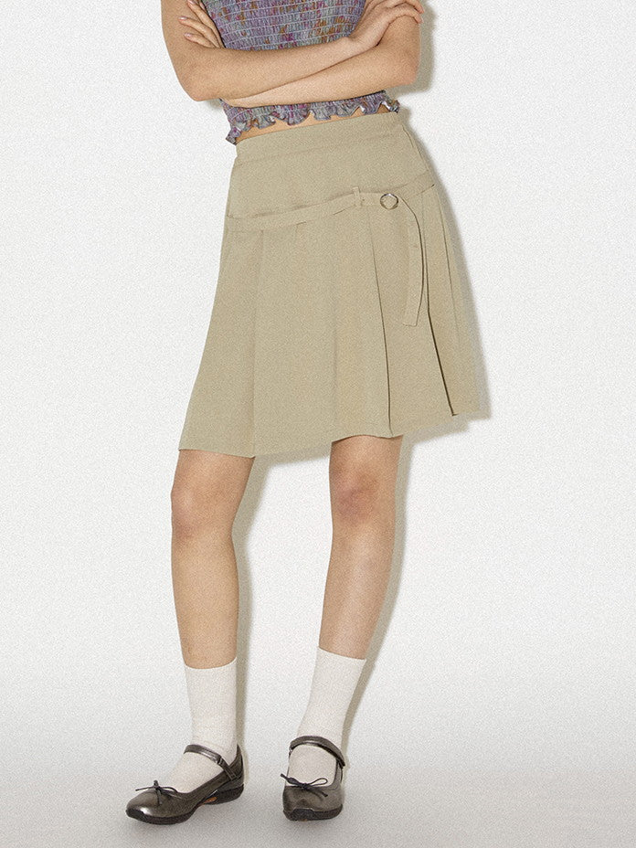 Box-Pleats Simple Belt Casual Middle Plain Skirt