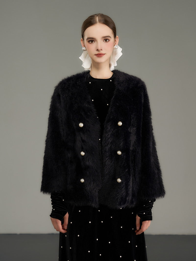 Pearl-Button Luxury Thick Simple Chic Fur-Jacket