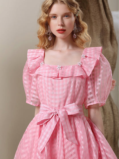 Ribbon Stripe Cute Puff-Sleeve Frill-Collar One-Piece