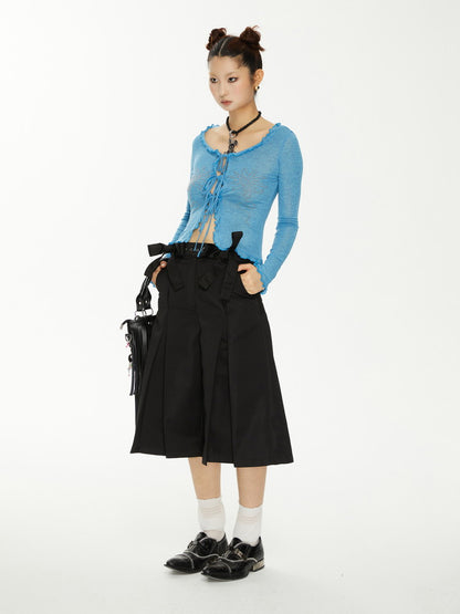 Ribbon Plain Wide-Leg High-Waist Nichi Half-Pants