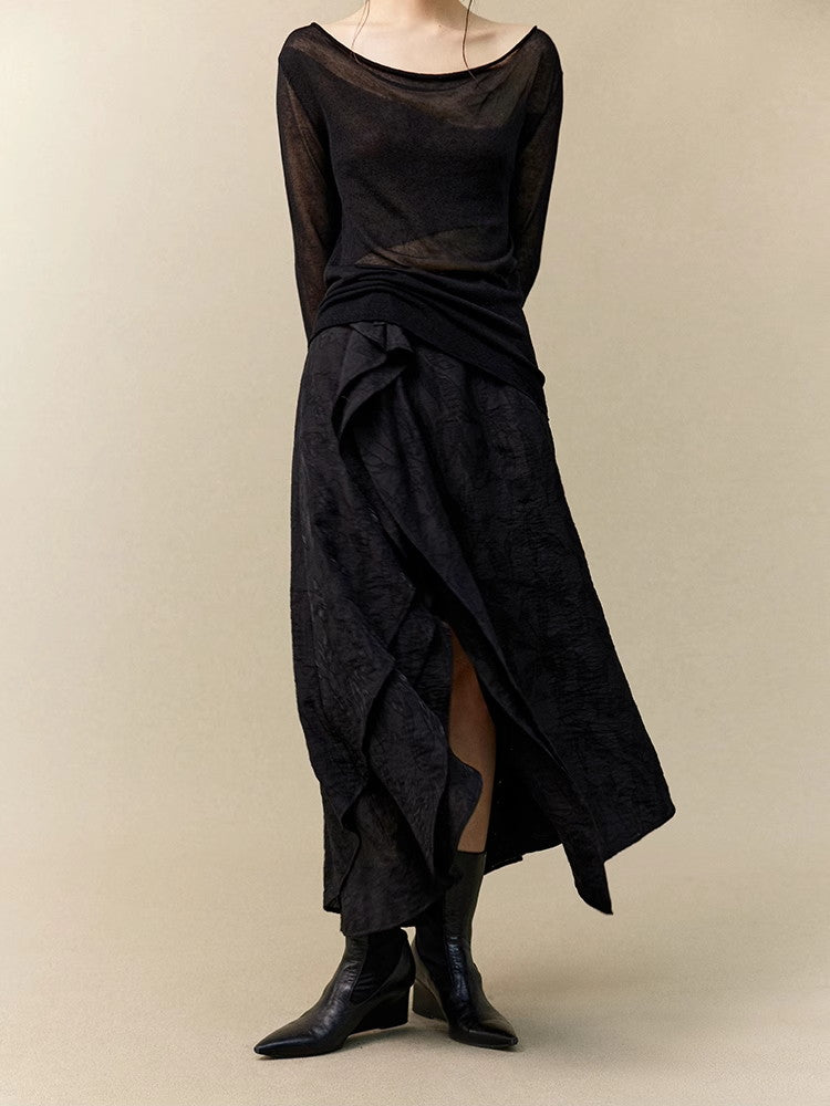 Wrap Nichi Asymmetry Ruffle Wrinkled Classy Long-Skirt