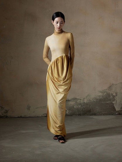 High-Neck Knit Drape Slim Thin Long Dress