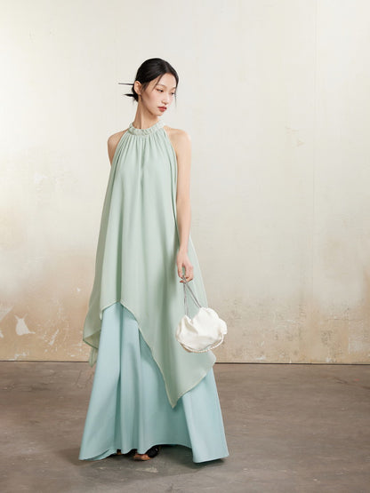 Refreshing American-Sleeve Long Layered Dlare Long Plain Dress