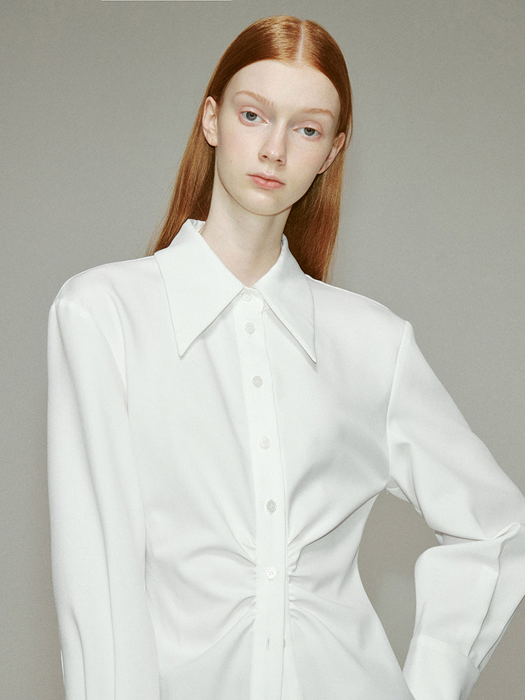 Oversize Long Gather Plain Chic Simple Shirt