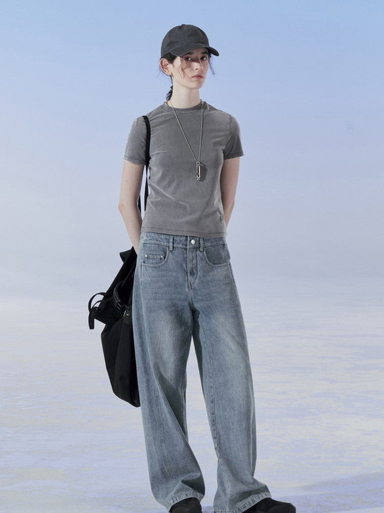 Denim Straight Washed Loose Casual Plain Pants