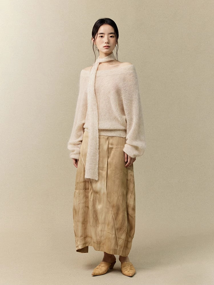 Long-Tie Fluffily Loose Off-Shoulder Classy Mohair-Knit