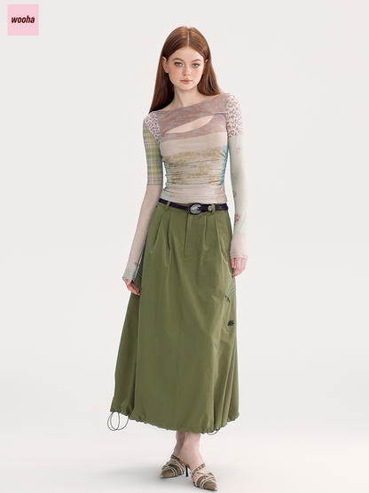 Drawstring Casual Flare Plain Long-Skirt