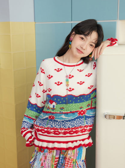 Retro Ruffle Border Knitted Sweater