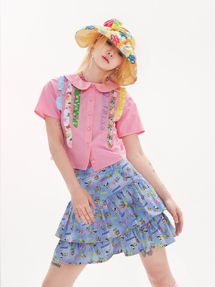 Printing Patchwork Lace Short Sleeve Shirt