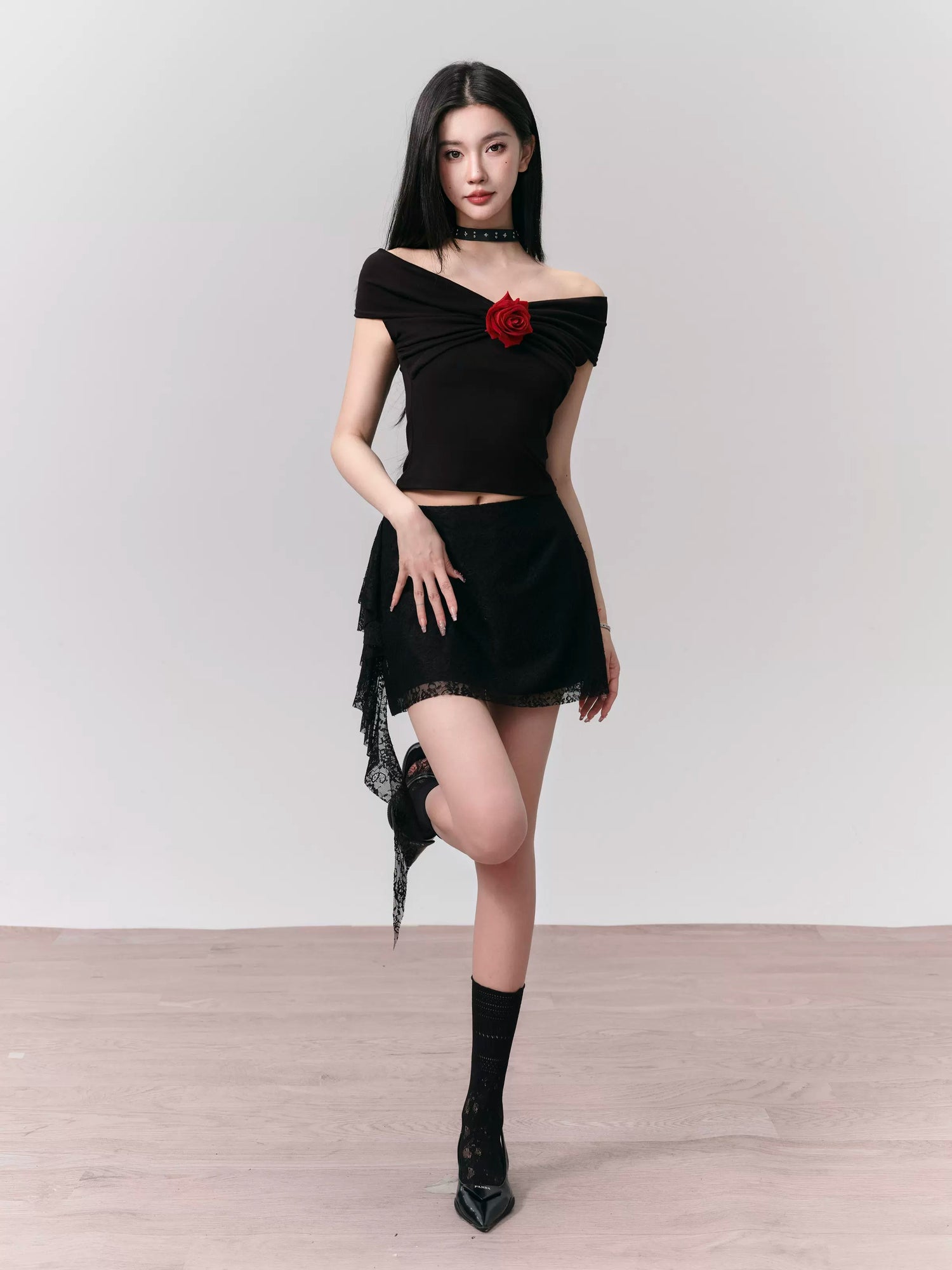 Floyd Rose Lace Slim Off-Shoulder Top &amp; Ruffle Skirt