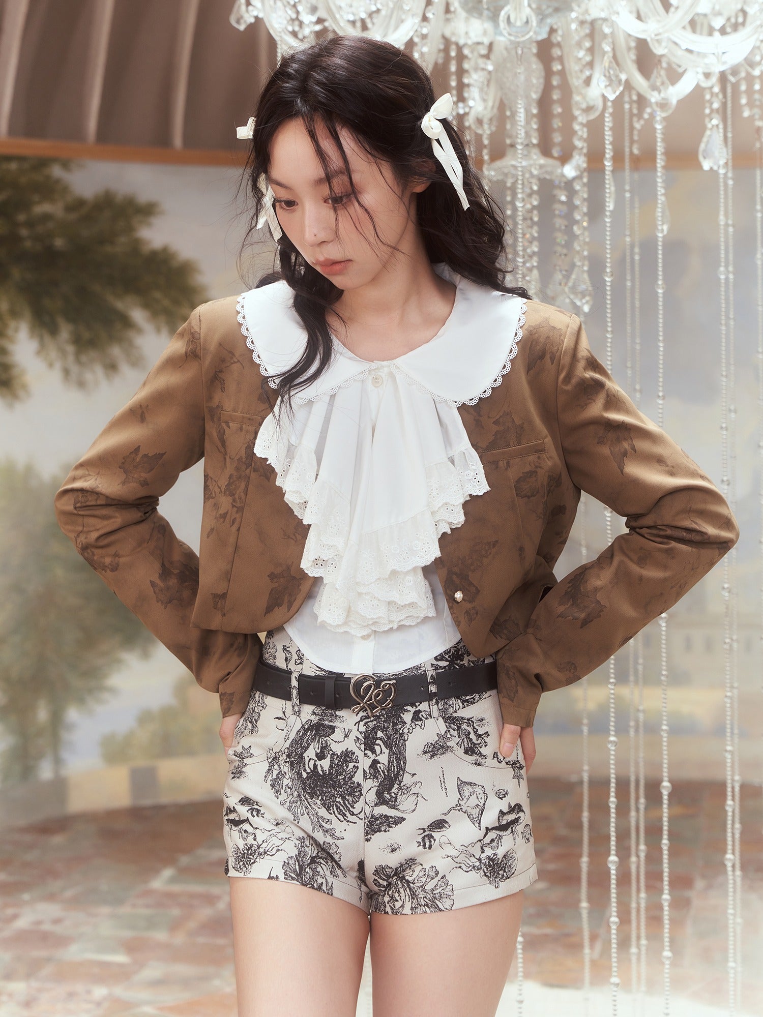 French Lace Shirt &amp; Print Short Jacket &amp; Long Skirt