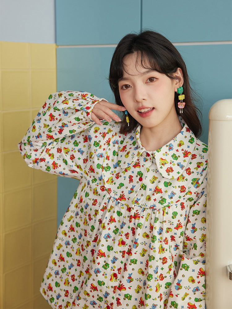 A-line Colorful Print Doll Collar Shirt