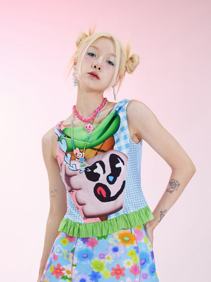 Ice Cream Print Swing Collar Mesh Sleeveless Top