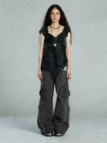 Loose Washed Distressed Flared Work Pants