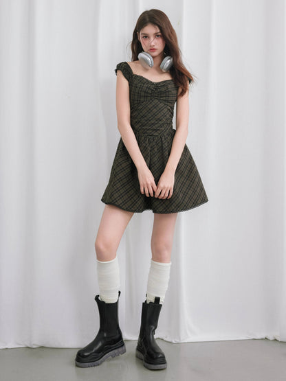 Plaid Retro French Sleeve Girly One-piece