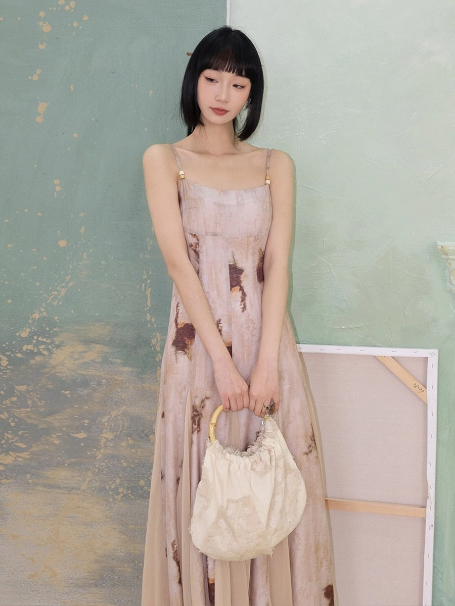 Tie-dye Waist Slimming Stitch Design Suspender Dress