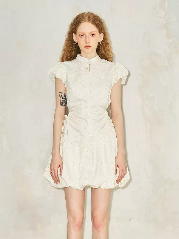 Puff Sleeve Waist Hollowed-out Wrinkled Dress