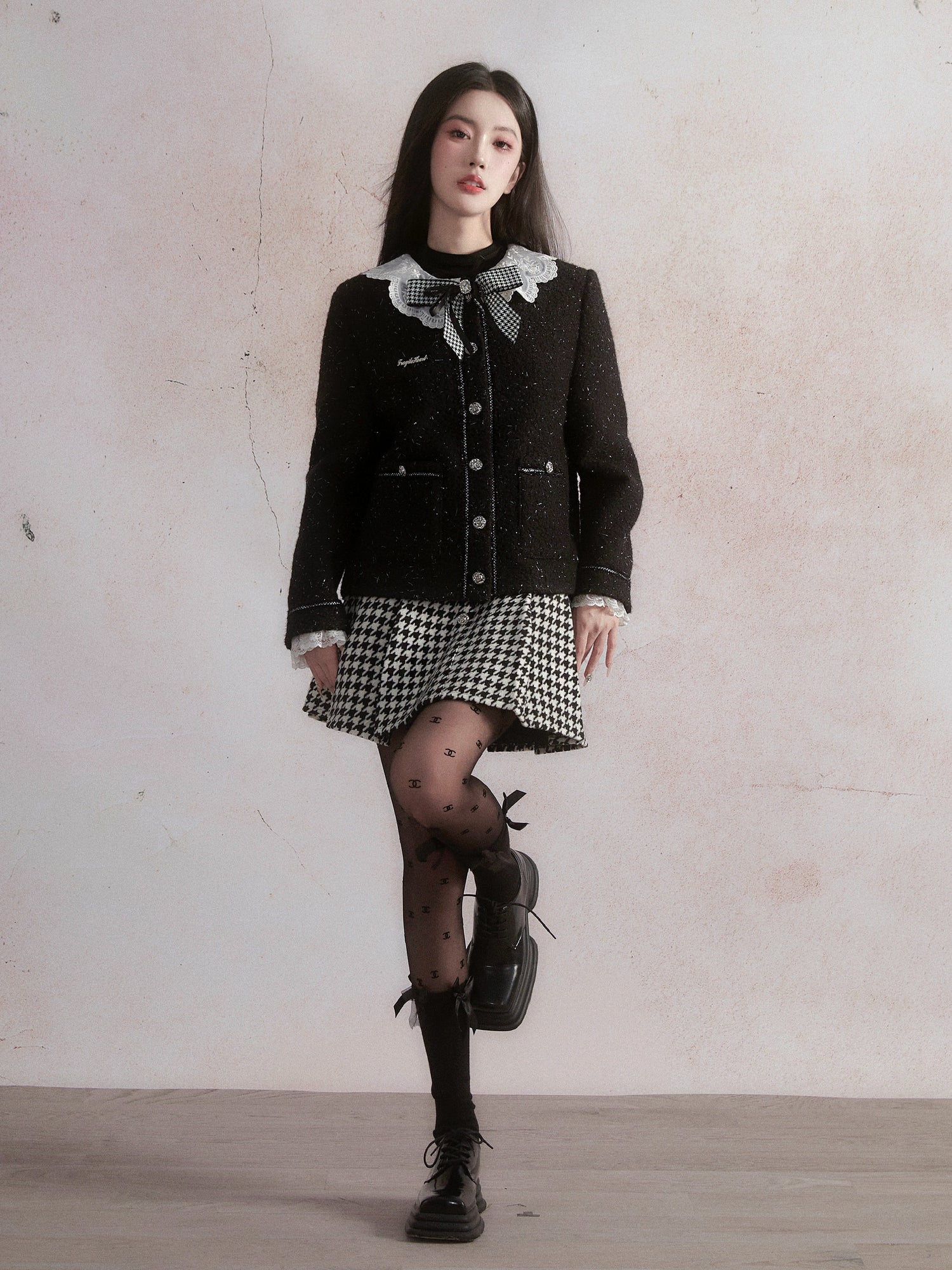 Small Fragrant Style Lace Stitch Jacket ＆ Houndstooth Skirt